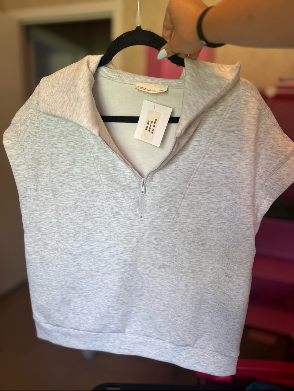 Zenana Outfitters Light Gray Half-Zip Short Sleeve Top